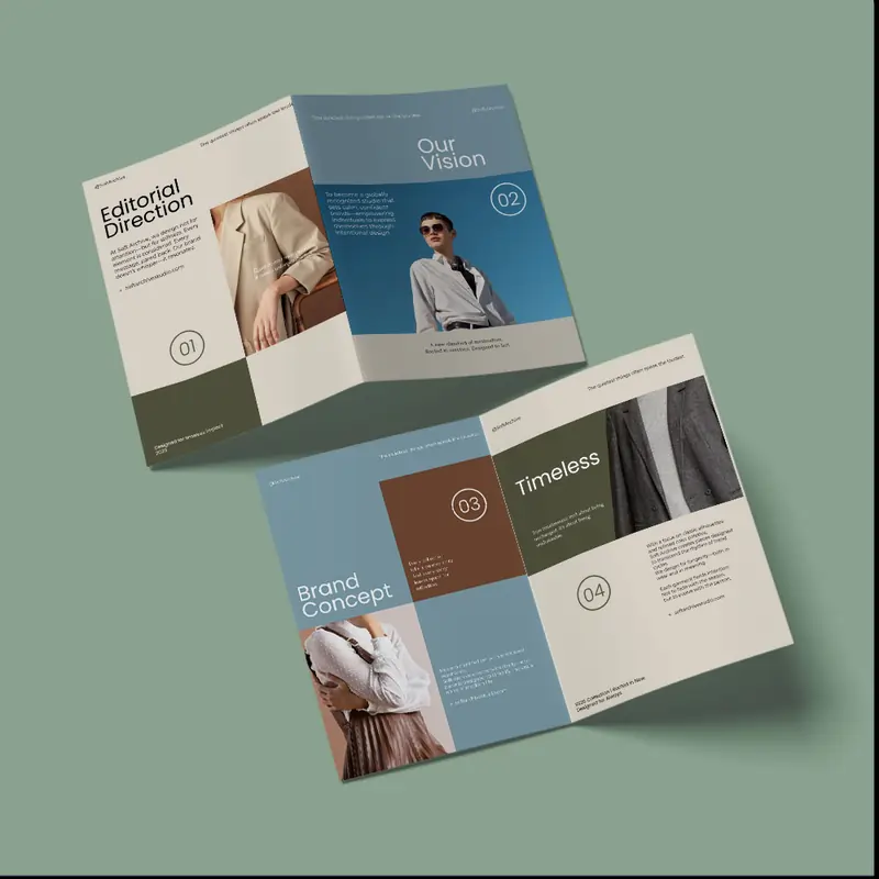 Minimalist fashion trifold brochure featuring neutral tones, editorial photography, and clean serif typography.