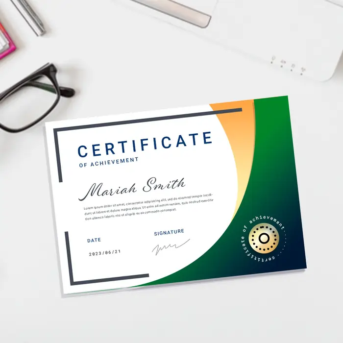 Landscape custom certificates for Mariah Smith with green and orange curves, a gold seal, and glasses on a desk.