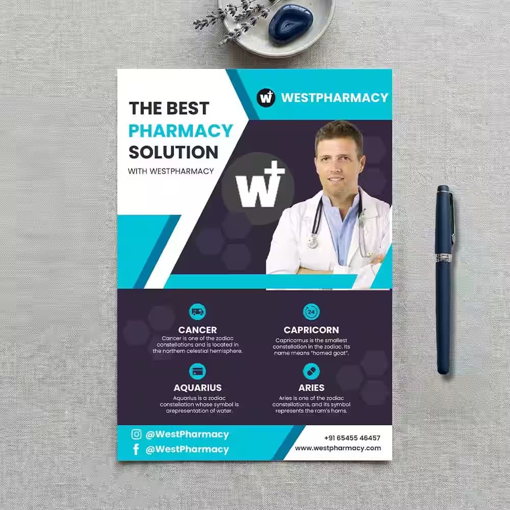 Custom Flyer Printing for a pharmacy solution advertisement. Use our Custom Leaflets to showcase medical branding services.