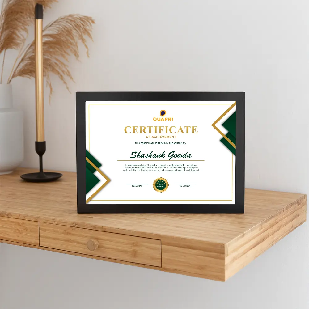 Certificates mounted in stylish frames.