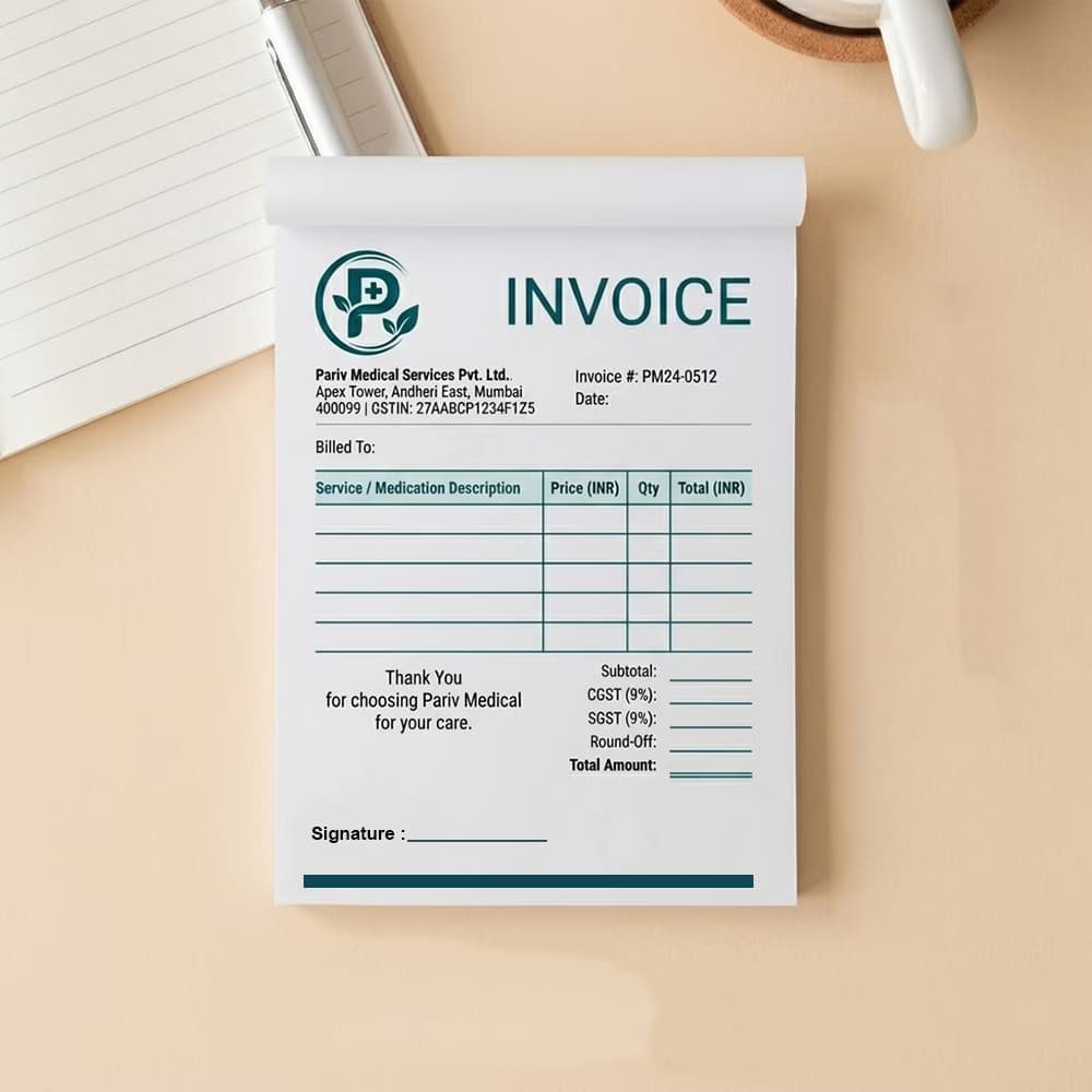 Custom Bill Books and invoice books showing a medical billing design on a table.