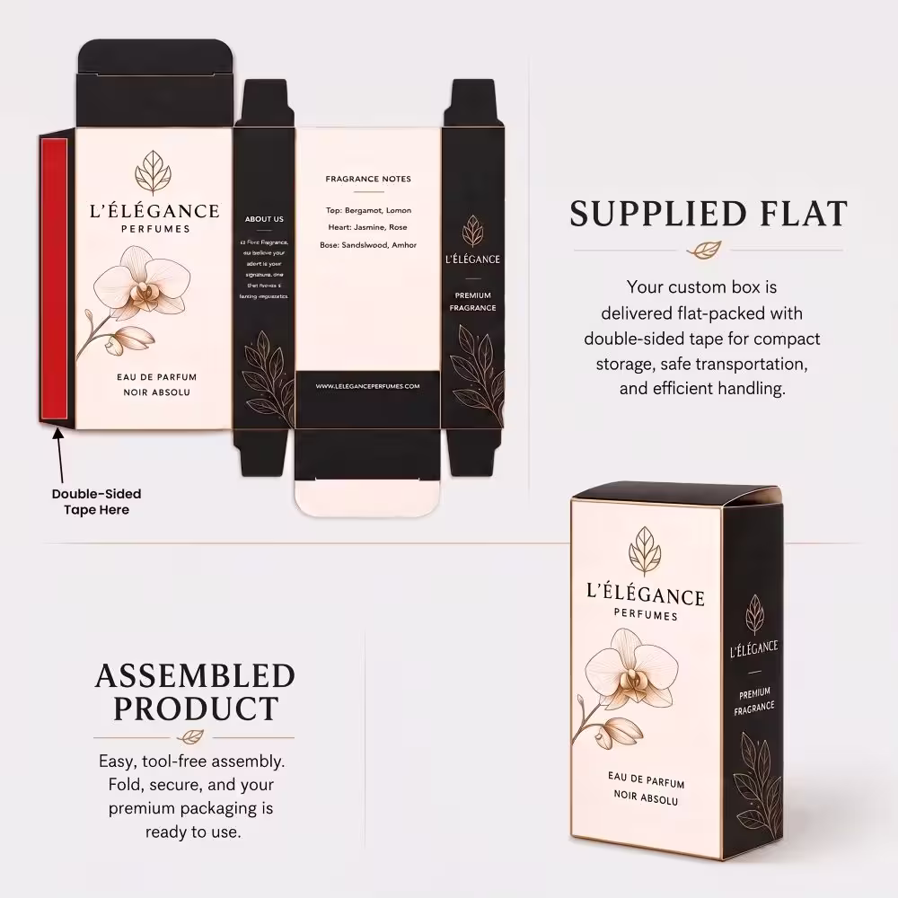 flat pack perfume box, tool-free assembly guide