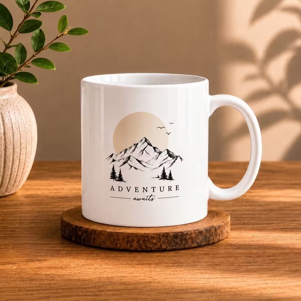 Custom printed white ceramic mug with mountain artwork design