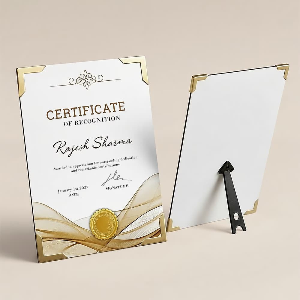 Front and back view of an elegant white Certificate of Recognition with gold corner clips and a built-in desktop easel stand.