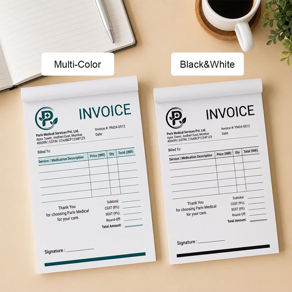 Custom Bill Books and invoice books displayed side by side in multi-color and black and white printing formats.