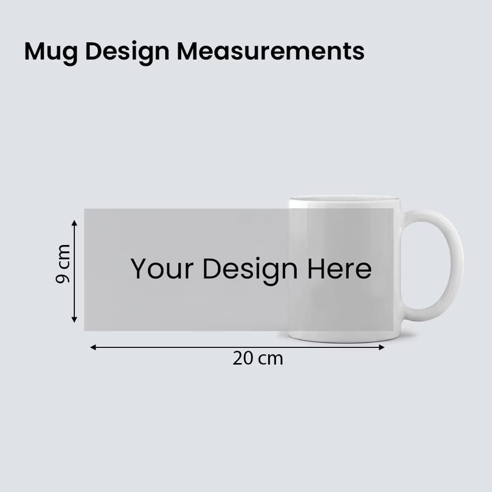 Mug design template guide showing dimensions of 20 cm width and 9 cm height for a custom print layout on a white ceramic mug.