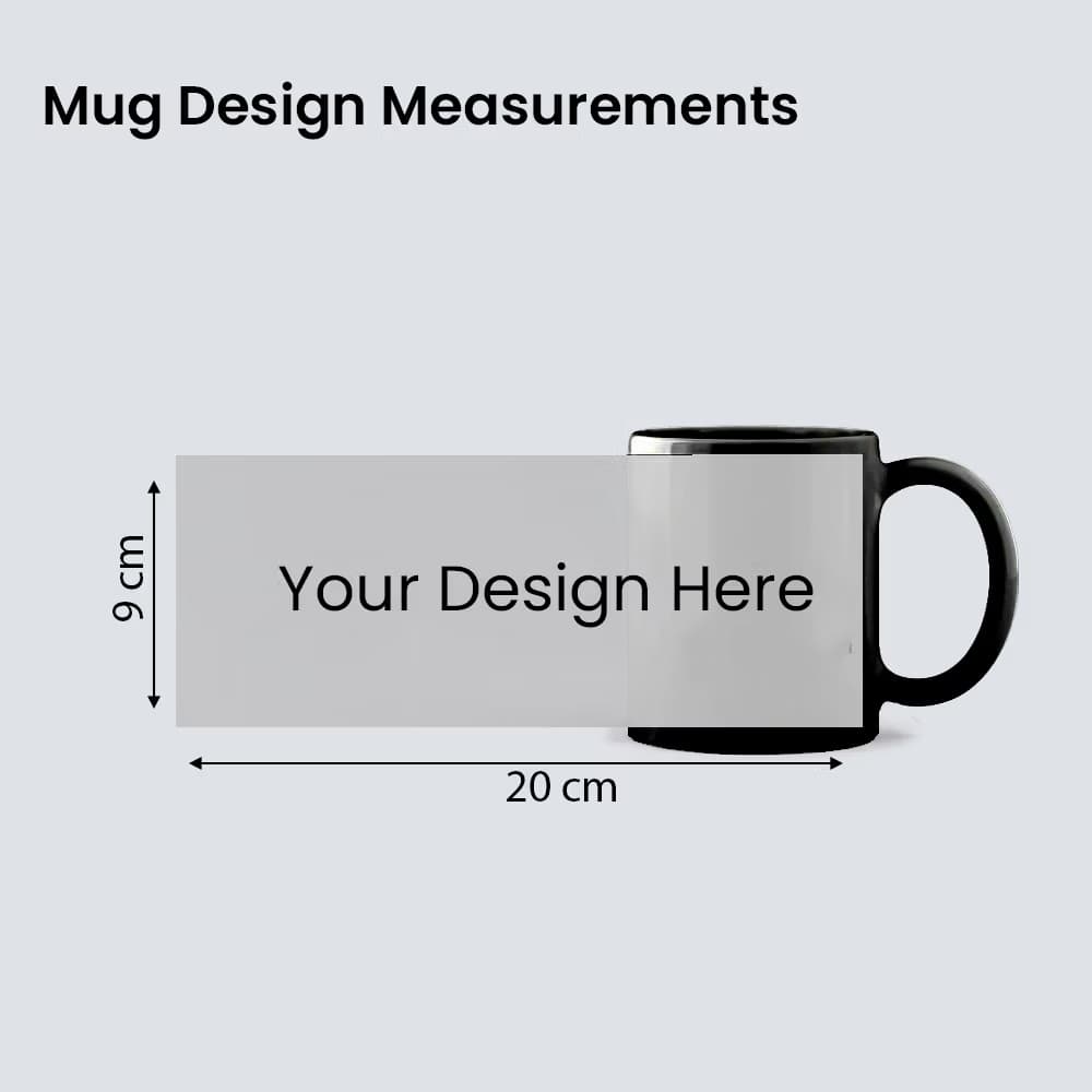 A black ceramic mug design measurement guide with a grey template overlay indicating a print size of 9 cm by 20 cm.