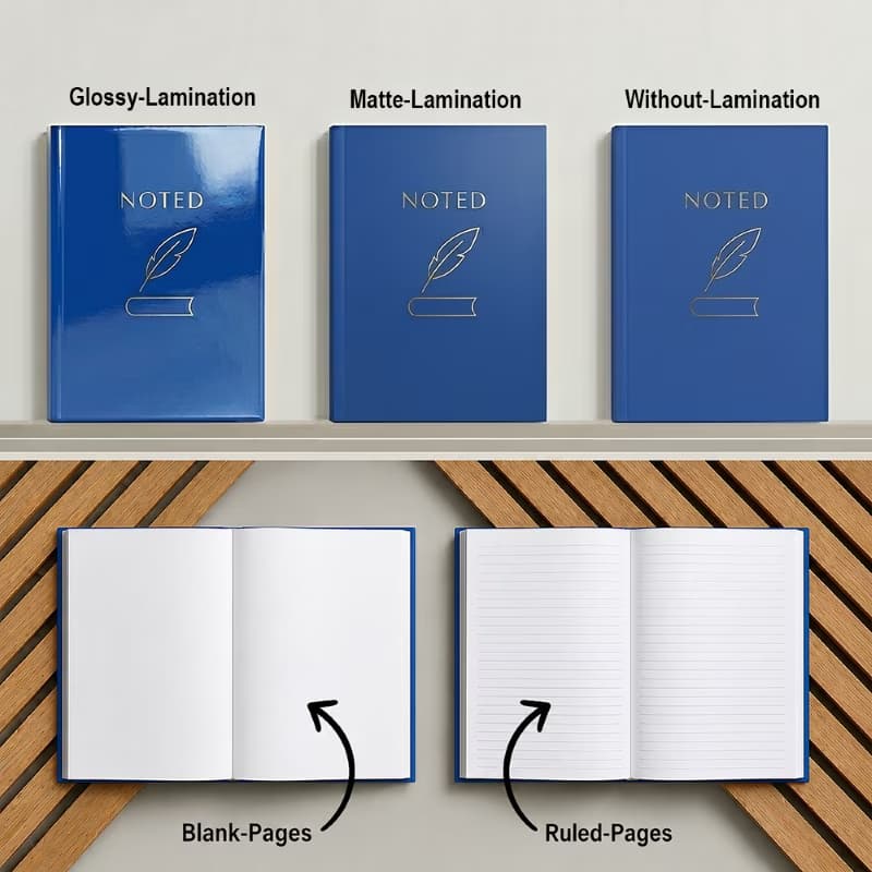 Comparison of blue journals showing glossy, matte, and no lamination, plus blank versus ruled page options.