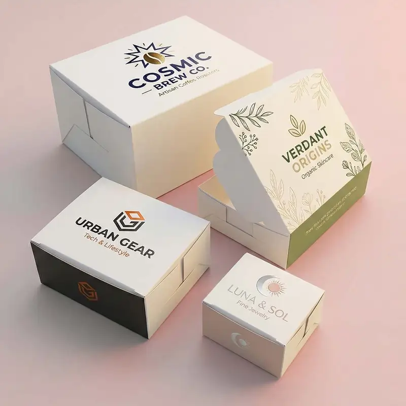 Four various-sized white branded packaging boxes for coffee, skincare, tech, and jewelry on a pink surface.