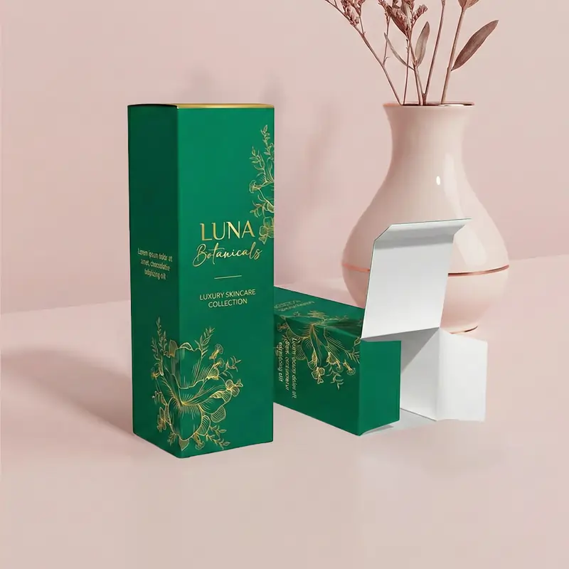 Elegant green and gold Luna Botanicals skincare packaging boxes featuring gold leaf illustrations on a pink background.
