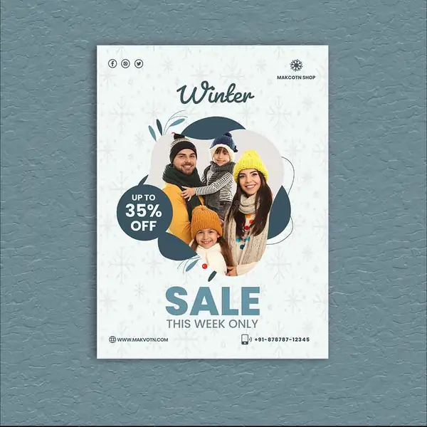 Winter sale custom poster featuring a smiling family in beanies and scarves with a "35% OFF" promotional bubble.