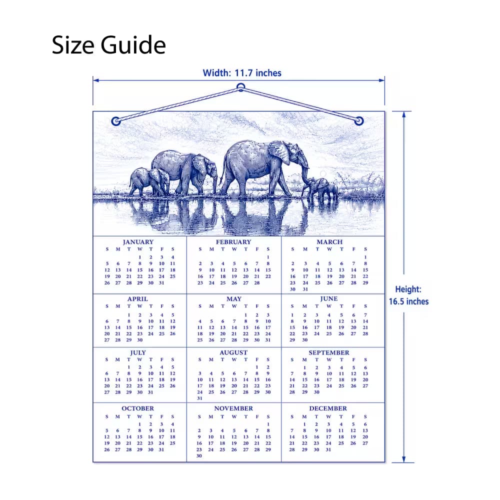 Size guide for an elephant-themed calendar, showing its dimensions as 11.7 inches wide by 16.5 inches high.