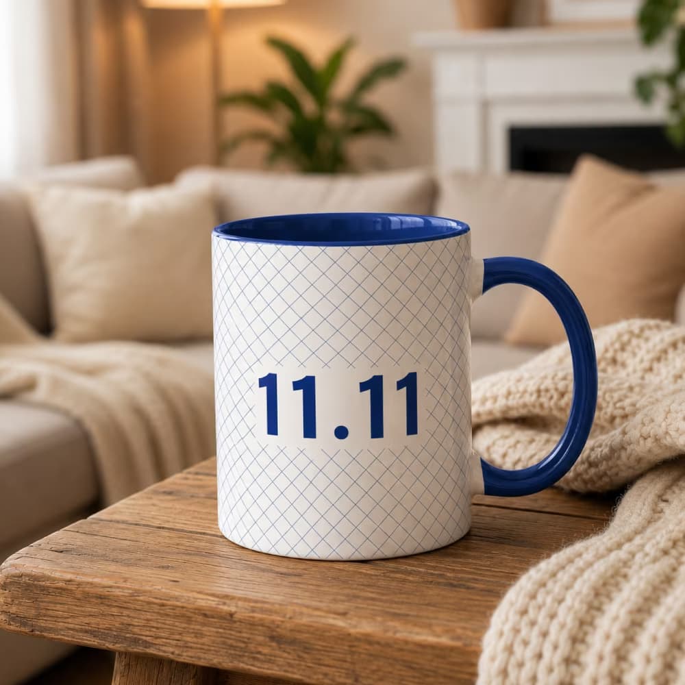 A two-tone ceramic mug with a blue handle and interior, featuring a grid pattern and the text "11.11" on a wooden table.