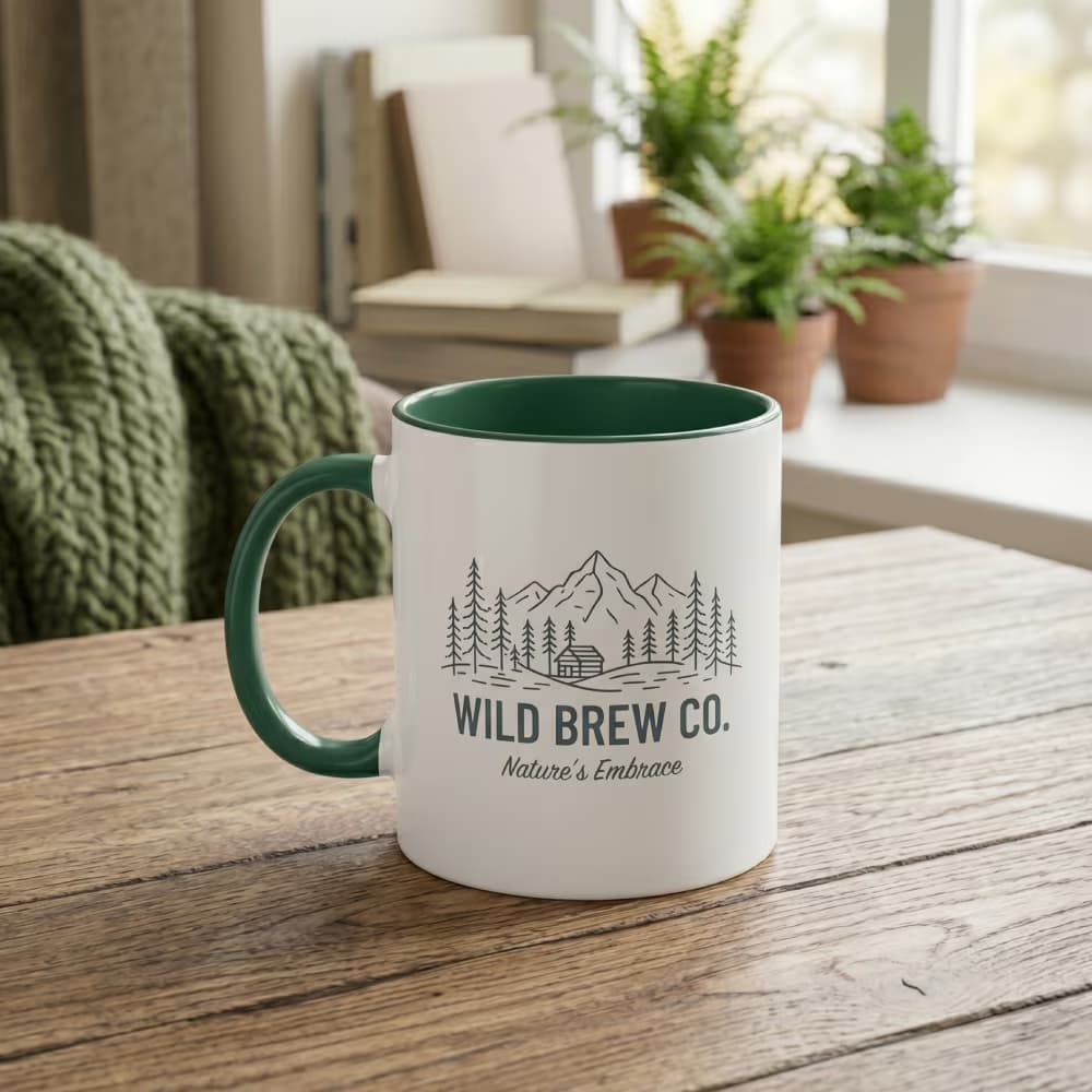 A ceramic inner color mug featuring a green handle and interior, printed with a "Wild Brew Co." mountain logo on a wooden table.
