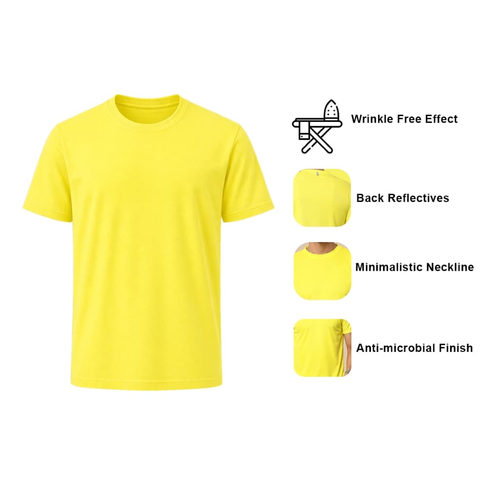 yellow crew neck t-shirt showcasing wrinkle-free fabric, anti-microbial finish and minimal neckline design