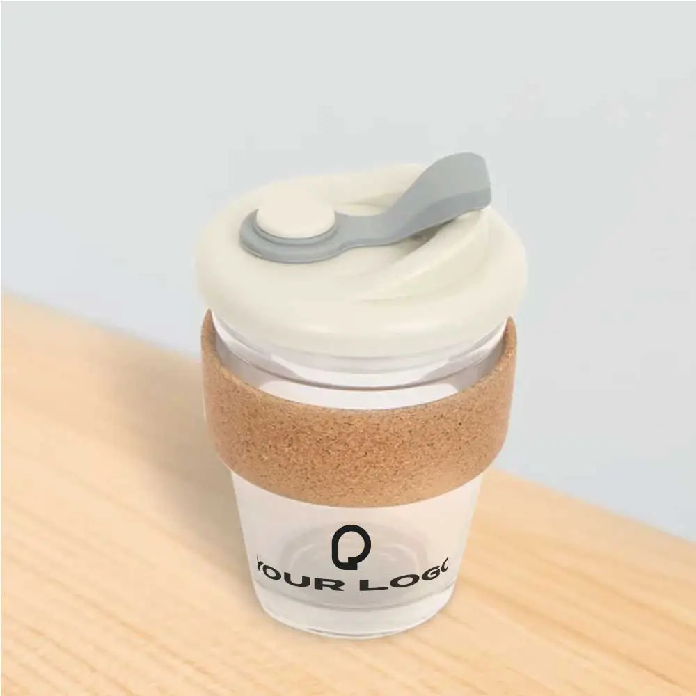 Clear glass coffee mug featuring an eco-friendly cork handle