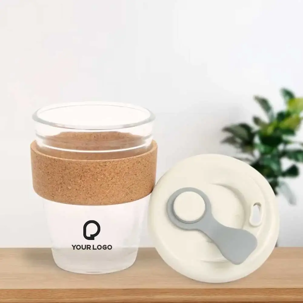 Modern glass mug with a cork grip, perfect for hot beverages