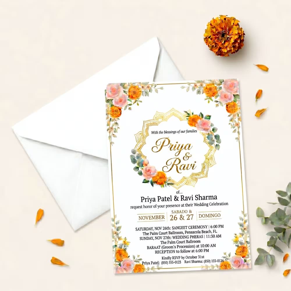 Beautiful floral Wedding Invitation Cards next to a white envelope, creating elegant wedding invites with marigold accents.