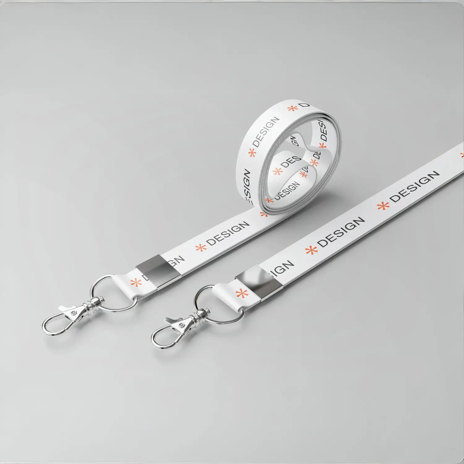 Custom white lanyard with side lever hook, metal clasp, printed ‘DESIGN’ text with orange icon—perfect for office or events.