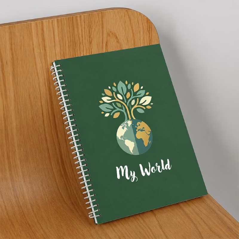 Custom green spiral notebook titled My World resting on a minimalist wooden chair, featuring an eco-themed earth logo.