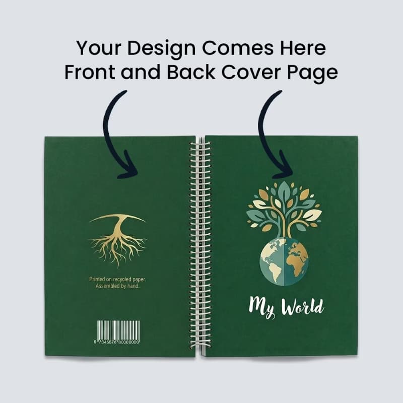 Custom spiral notebook mockup displaying a printable dark green front and back cover template with eco-friendly branding.