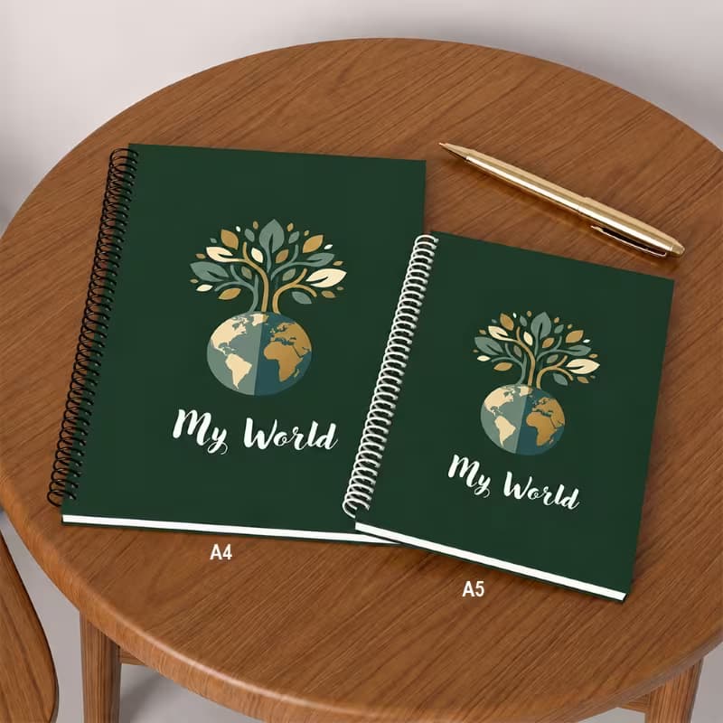 Custom spiral notebook size comparison guide showing A4 and A5 green "My World" eco-themed journals on a round wooden table.