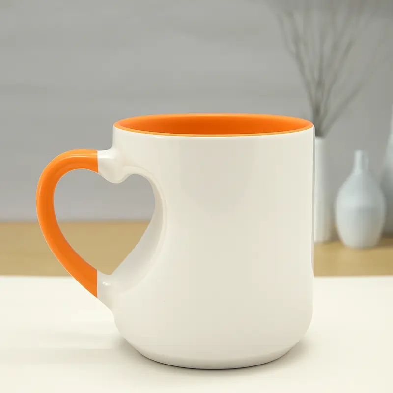 Orange ceramic Personalized Heart Cut Handle Printed Mugs