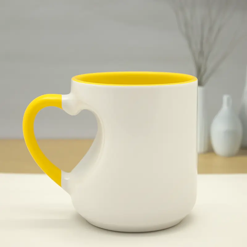 Yellow ceramic Personalized Heart Cut Handle Printed Mugs