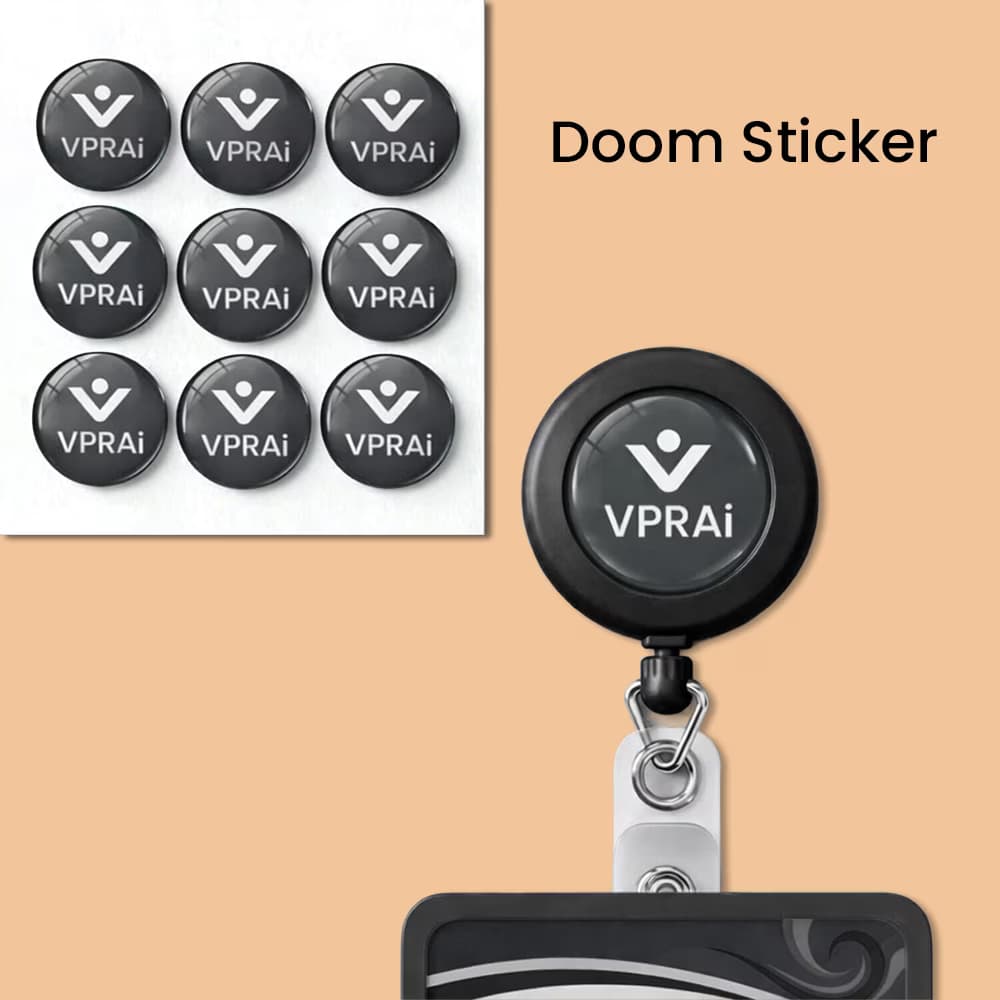 Infographic of a sheet of glossy black dome stickers with the "VPRAi" logo next to a custom branded retractable ID badge reel.
