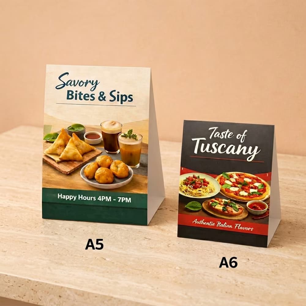 An A5 and A6 sized Table Top Tent Cards displaying restaurant menu options, featuring professional quality tent card printing.