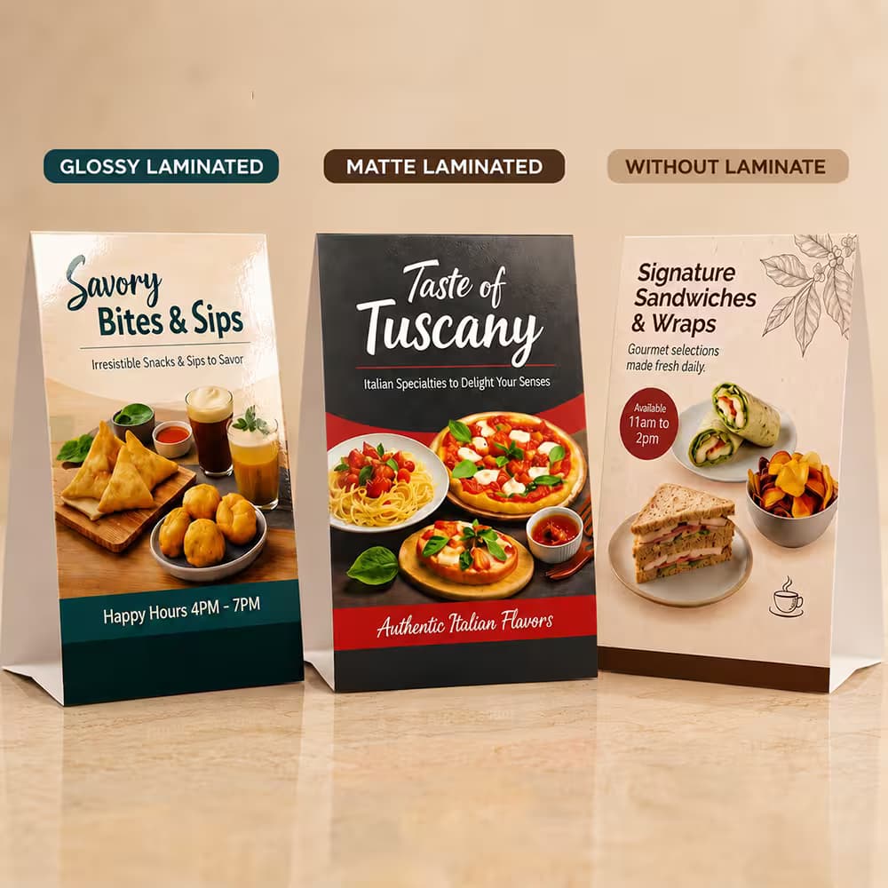 Three Table Top Tent Cards displaying glossy, matte and unlaminated finishes, showcasing premium options for tent card printing.