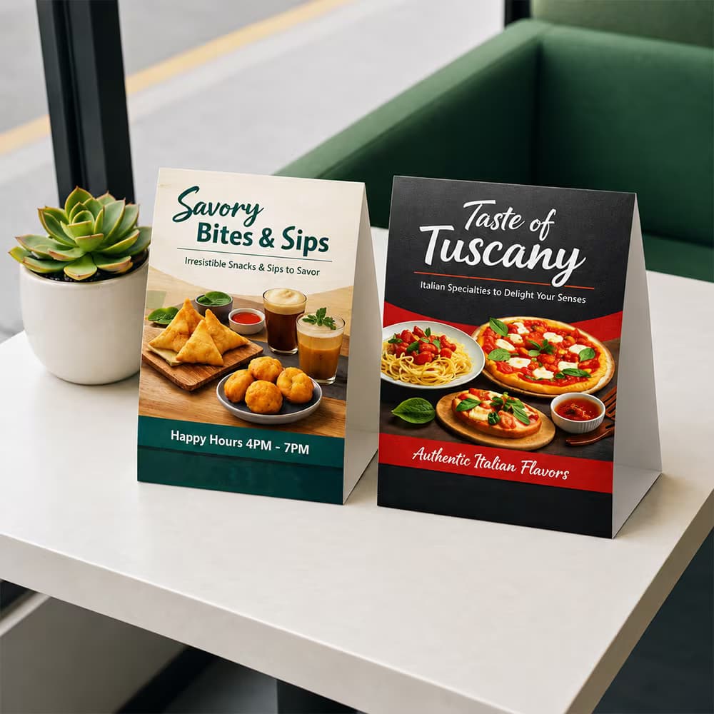 Two menu Table Top Tent Cards standing next to a small succulent plant, demonstrating crisp, professional tent card printing.