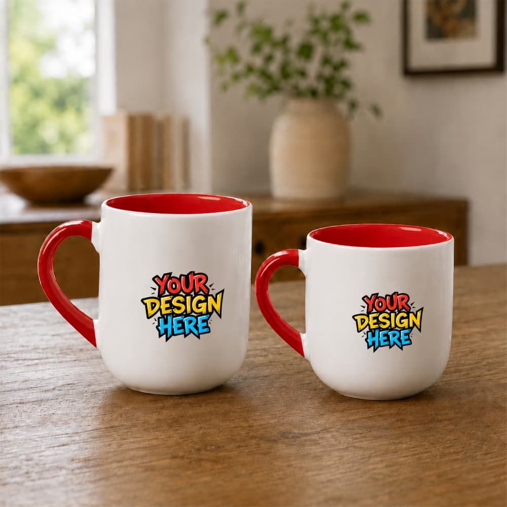 Two custom printed inner color mugs with red interiors and handles, displaying a "Your Design Here" graphic on a table.