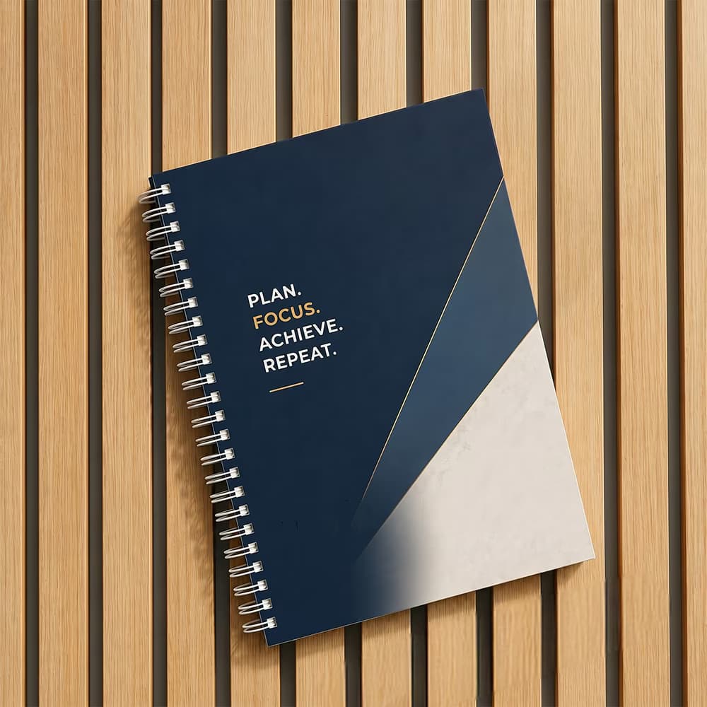 A navy wiro notebook with a geometric design and gold text "PLAN. FOCUS. ACHIEVE. REPEAT." on a fluted wooden background.