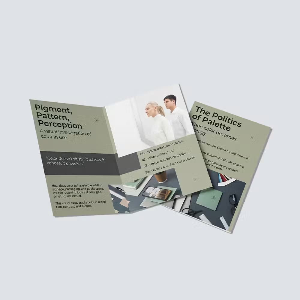 Sage green A4 bi-fold brochure titled "Pigment, Pattern, Perception" featuring a minimalist design and color theory text