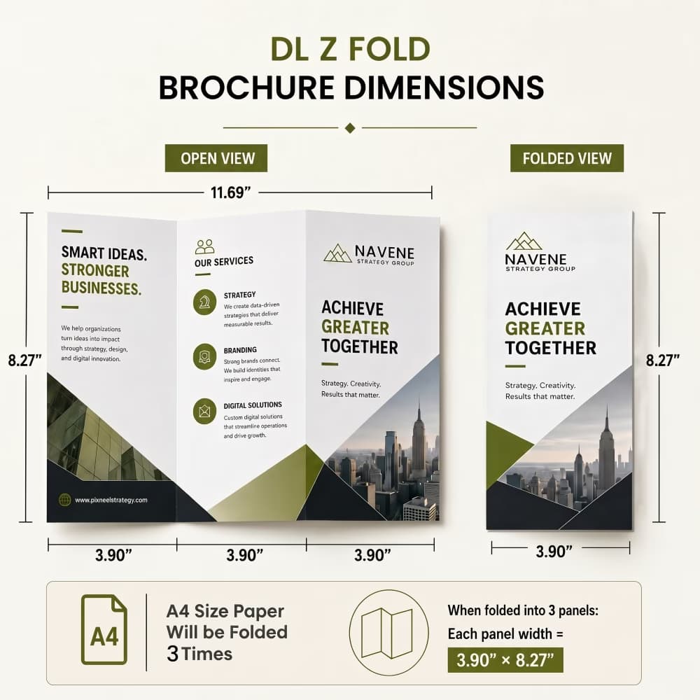 A DL Z-fold brochure size guide infographic, displaying open and folded view dimensions using an A4 sheet folded 3 times.