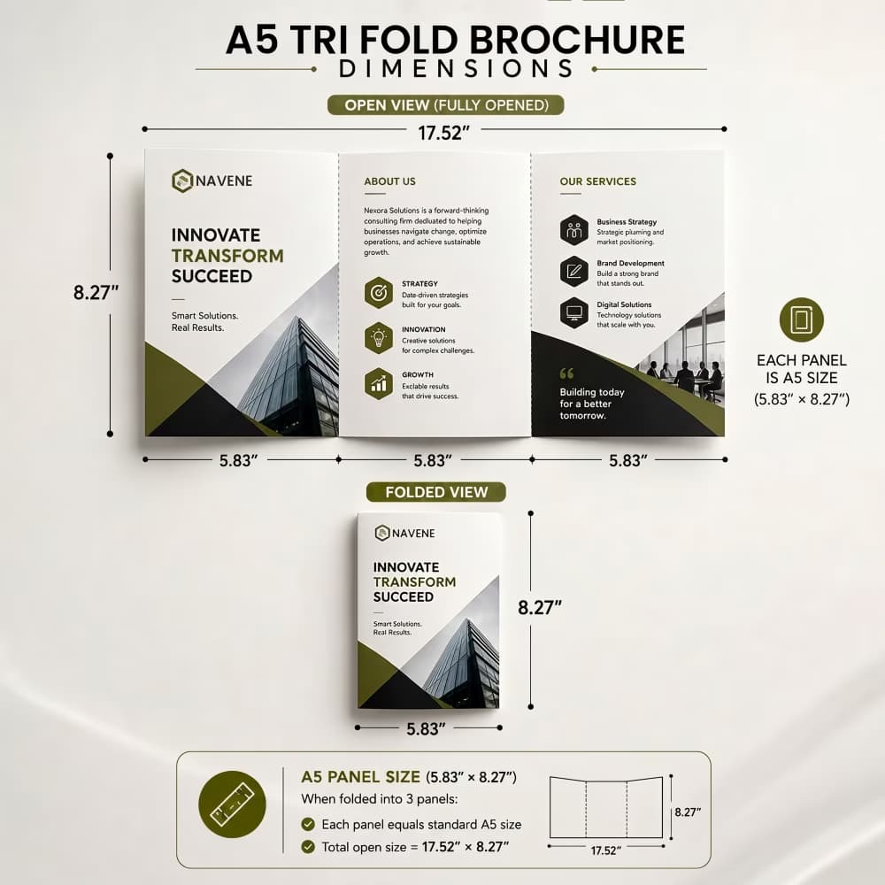 An infographic showing the dimensions of an A5 tri-fold brochure in both its fully opened and folded views.