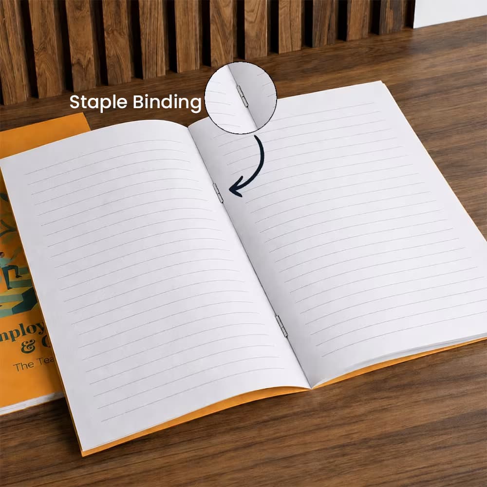 Open stapled notebook with secure center staple binding and ruled pages for custom printing and branding