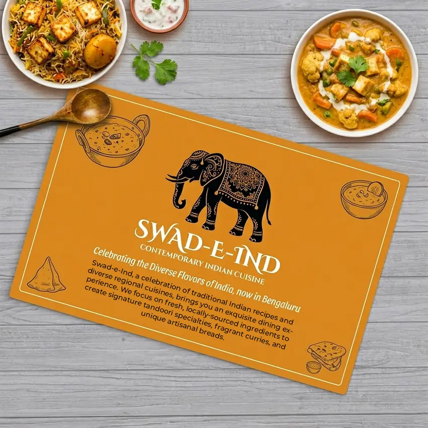 Orange custom printed placemat for Swad-E-Ind restaurant with an elephant logo, surrounded by Indian dishes like biryani and curry on a grey wooden surface.