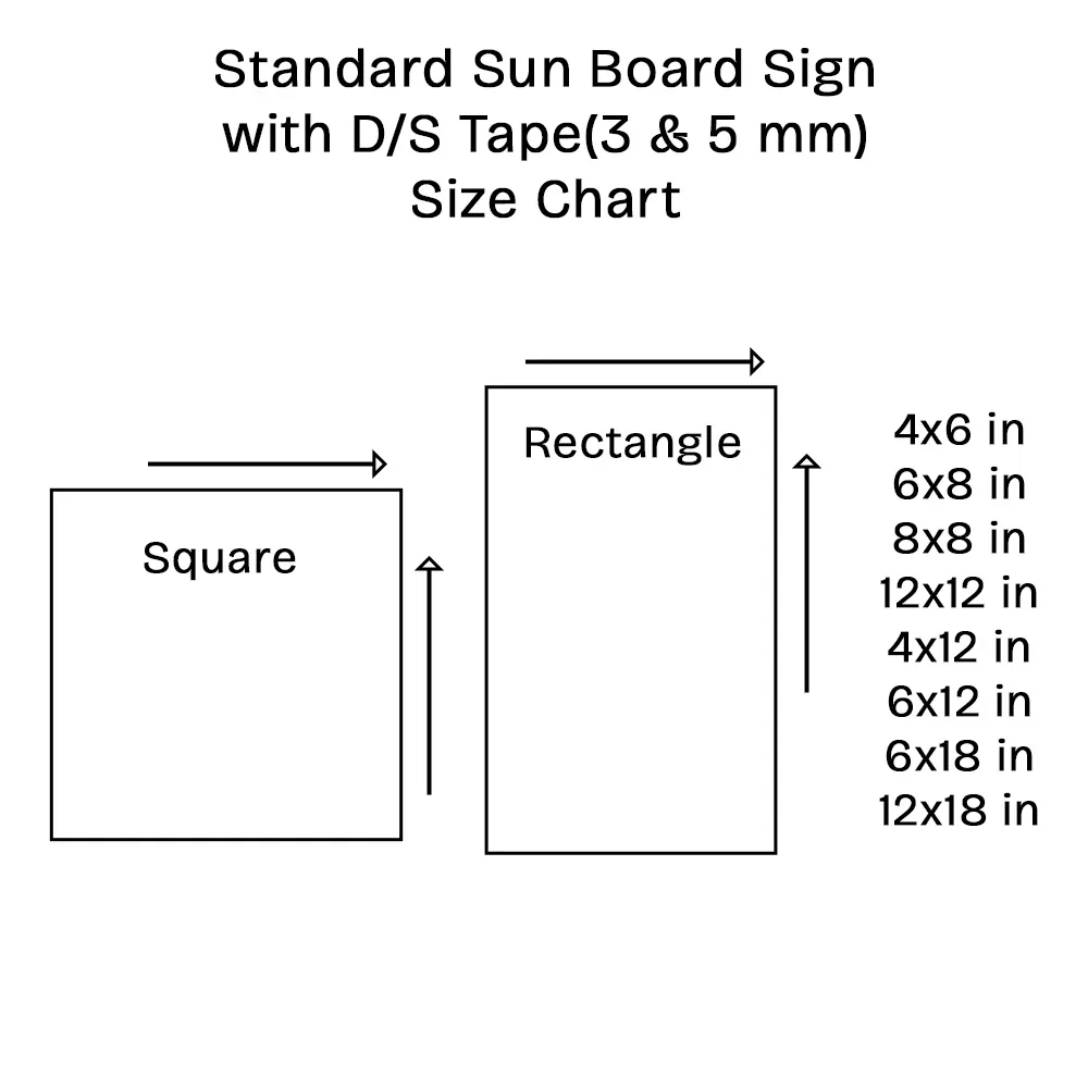 A size chart for Stick On Signs displays square and rectangle options from 4x6 to 12x18 inches, with 3mm and 5mm thicknesses on sun board material.