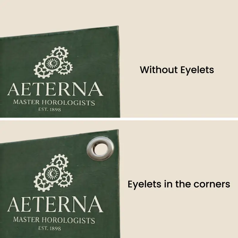 Fabric Banners with and without eyelets showing corner eyelet option for easy hanging and display.