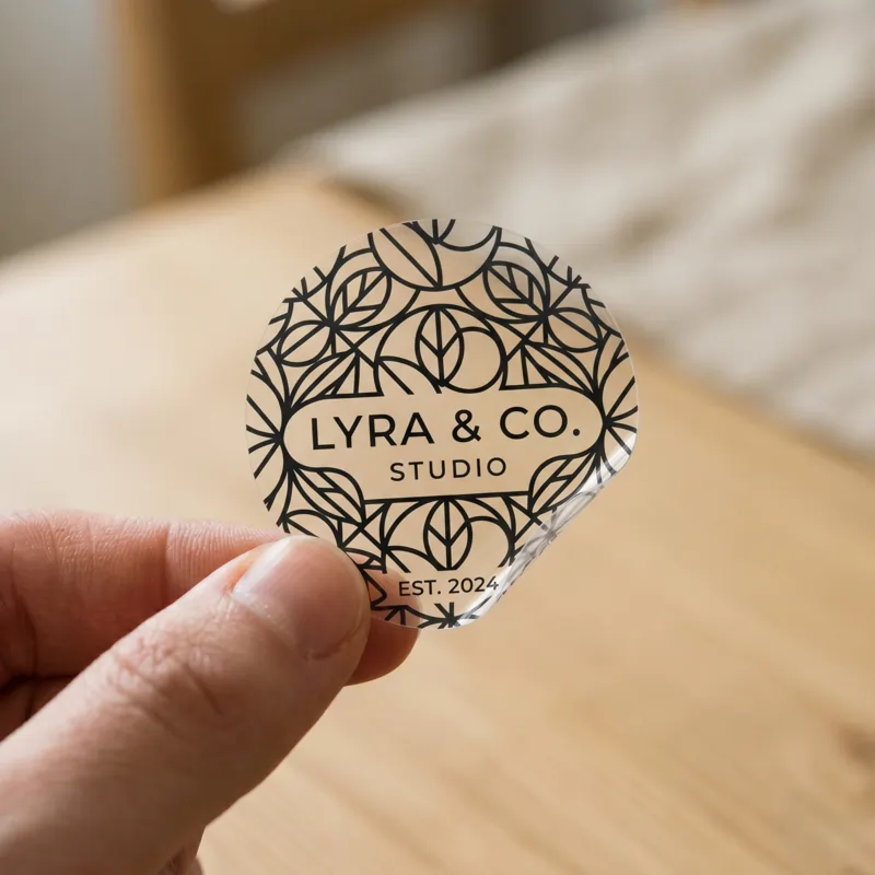 A hand holding a clear circle sticker featuring a black geometric floral pattern and branding for "LYRA & CO. STUDIO EST. 2024" against a blurred wooden background.