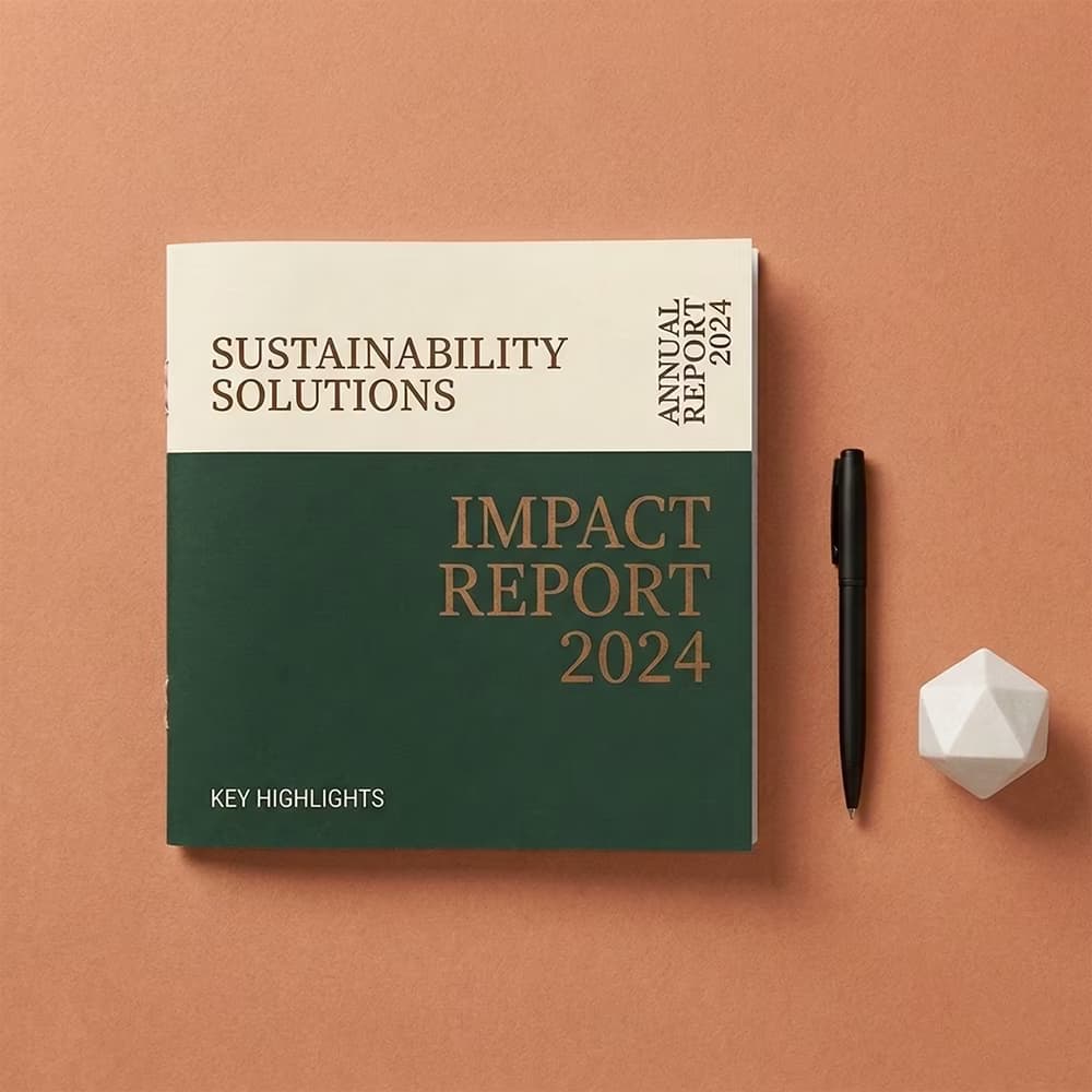 Front cover of a 2024 Sustainability Solutions 6x6 staple bind booklet in green and cream, flat on terracotta with a pen.
