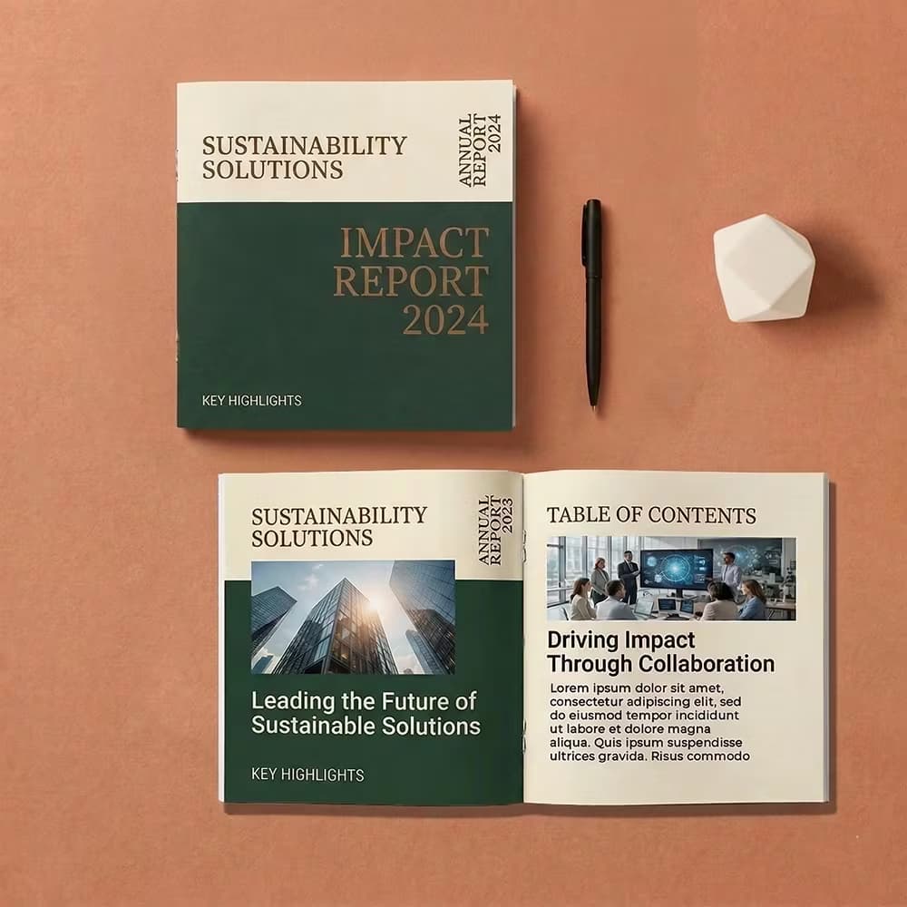 A 2024 Sustainability Solutions 6x6 staple bind booklet shown closed and opened to its table of contents on terracotta.