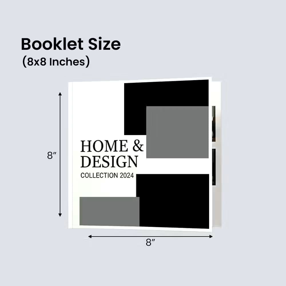 A square "HOME & DESIGN COLLECTION 2024" booklet cover with dimension arrows and text indicating a booklet size of 8x8 inches.