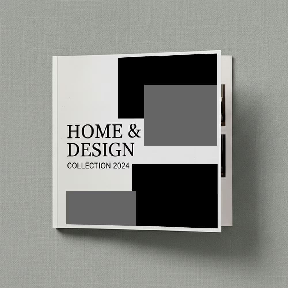 Square 8x8 booklet titled "HOME & DESIGN COLLECTION 2024" with an abstract pattern of black and gray rectangular blocks on a textured background.