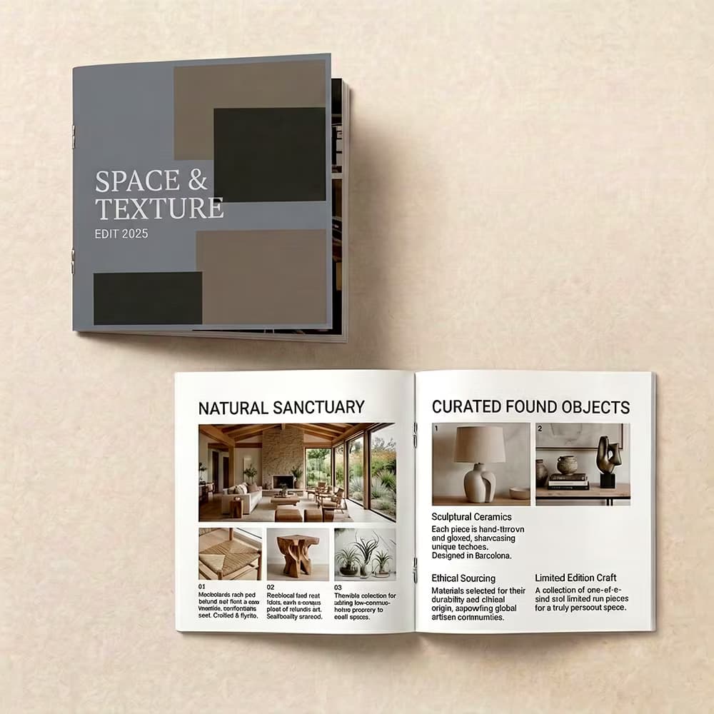 Top view of a staple-bound 8x8 booklet showing an open layout of interior designs beside a closed cover titled "SPACE & TEXTURE".