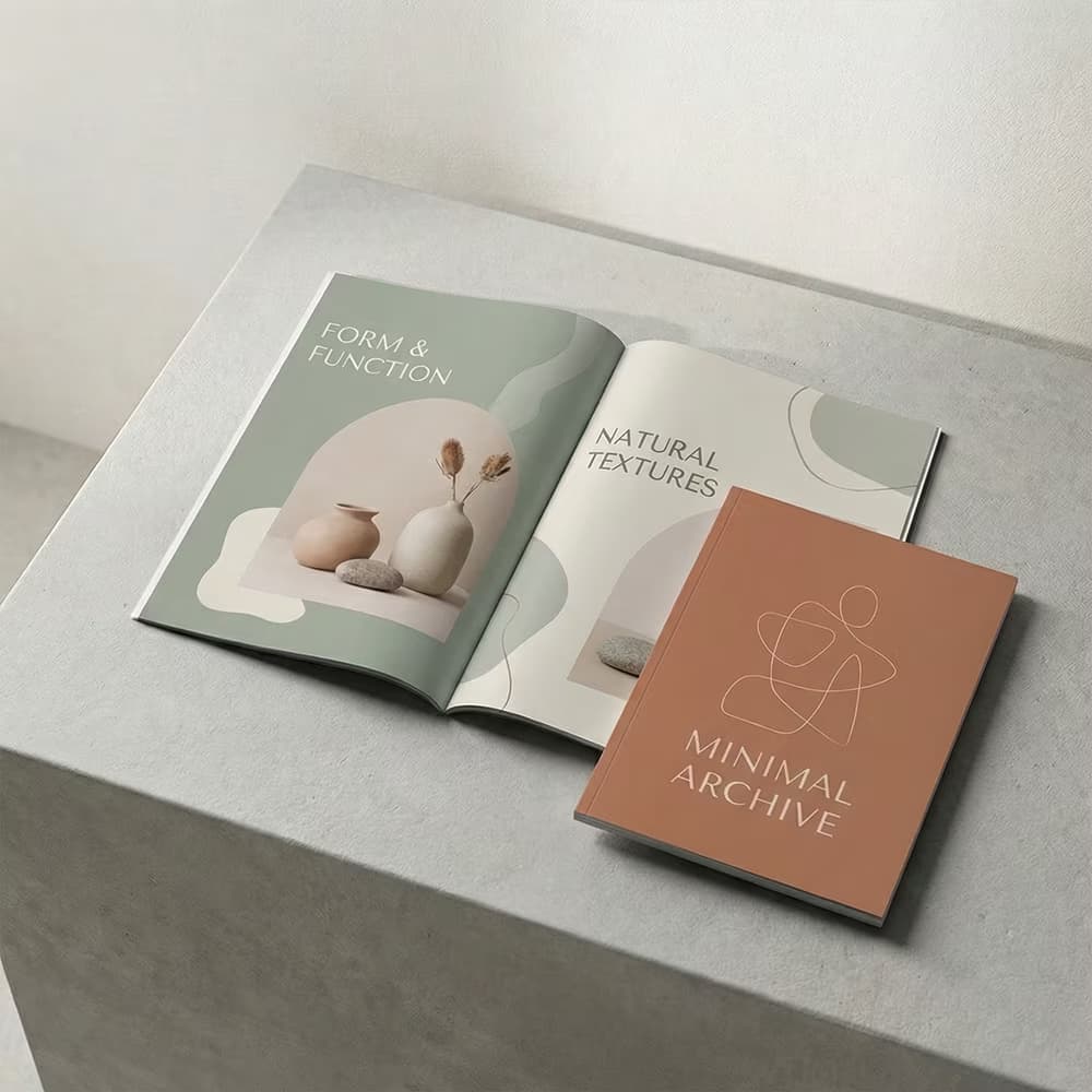 An open minimalist brochure titled "Form & Function" alongside a closed terracotta-colored booklet with the text "Minimal Archive".