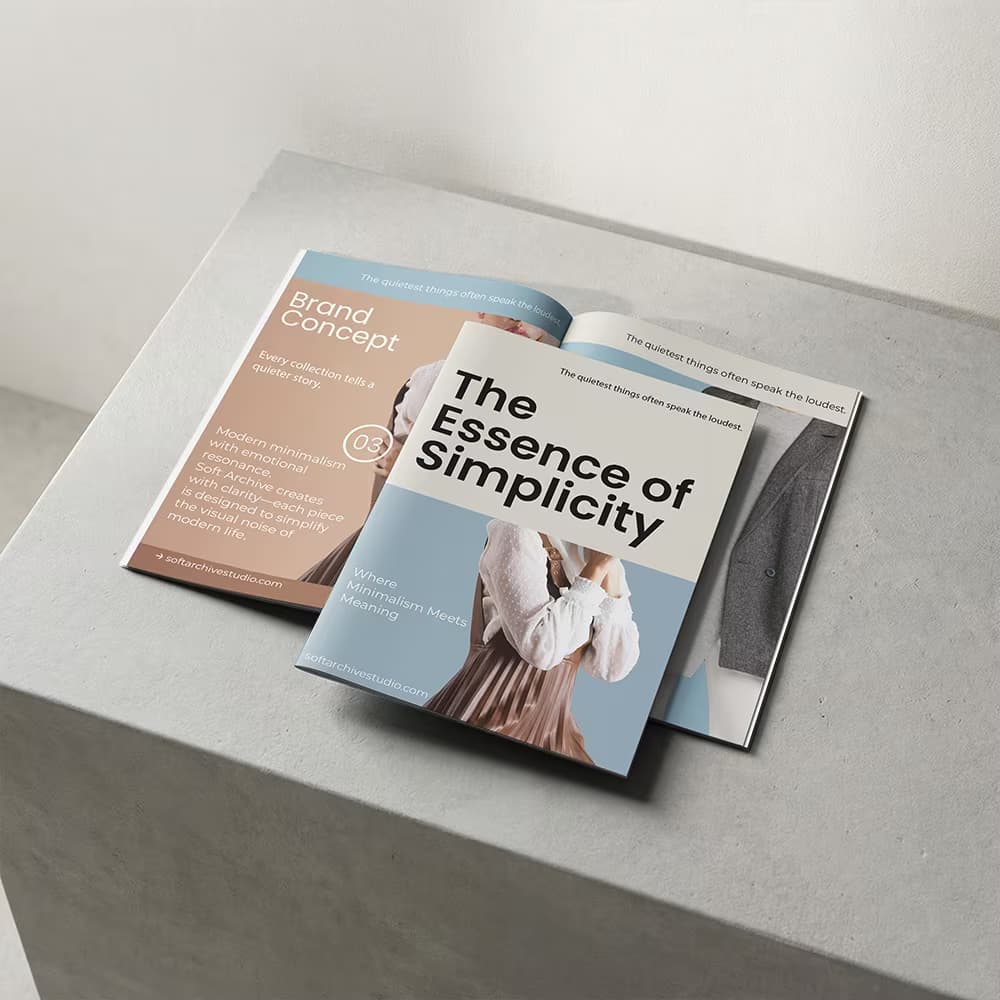 A closed A4 magazine titled "The Essence of Simplicity" placed on top of an open brand concept brochure, resting on a concrete surface.