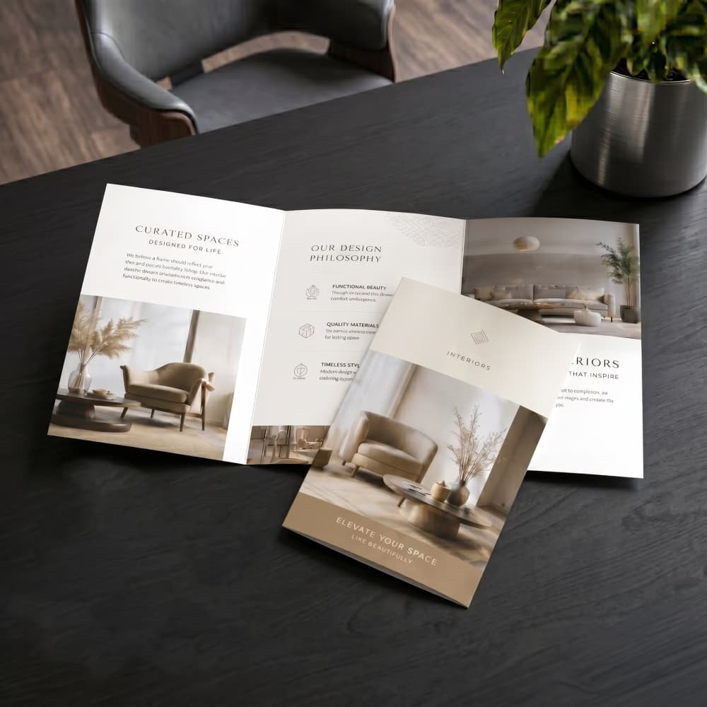 An open tri-fold interior design brochure displayed on a dark wood table next to a potted plant.